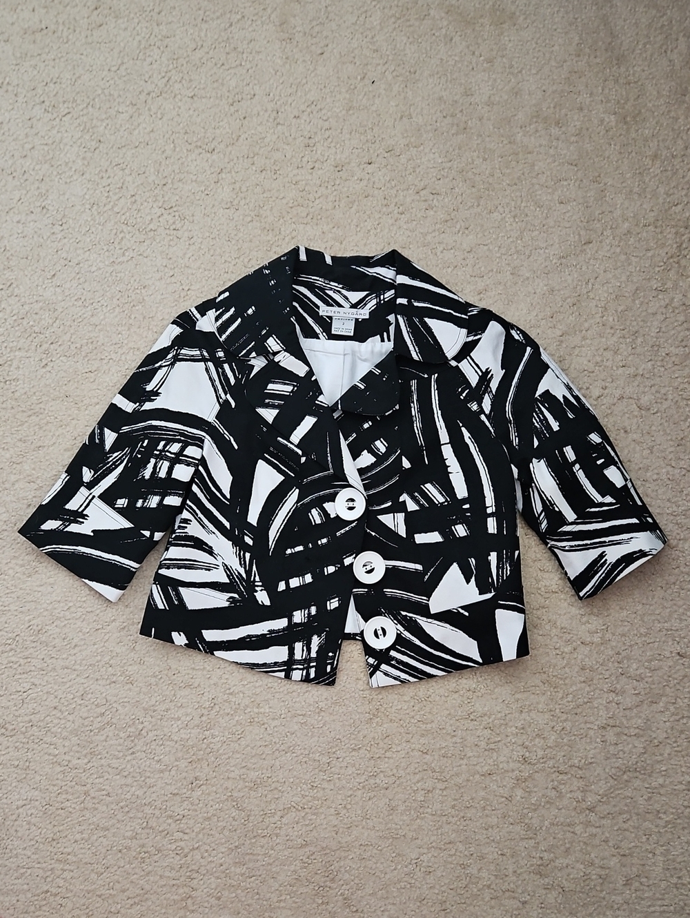 Womens Black & White Abstract Button Jacket